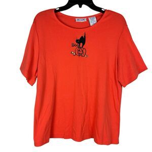 VTG Halloween Ghost Pumpkin Short Sleeve Tee Orange Blair Women Large Embroidere